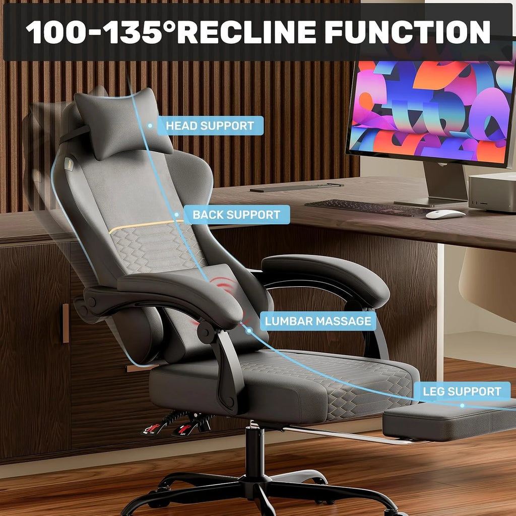 Gaming Chair PU Leather High Back Massage Lumbar Support Ergonom Adjustable Lumbar and Headrest Massage Support,All Seasons Universal Black