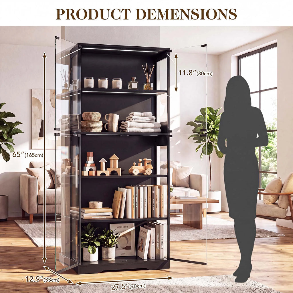 TCGBKAF 5‑Tier Display Cabinet with Glass Doors Motion Sensor Dimmable LED Lights Wooden Frame Display Storage Cabinet for Collectible Figures Living Room Bedroom Office Home Furniture