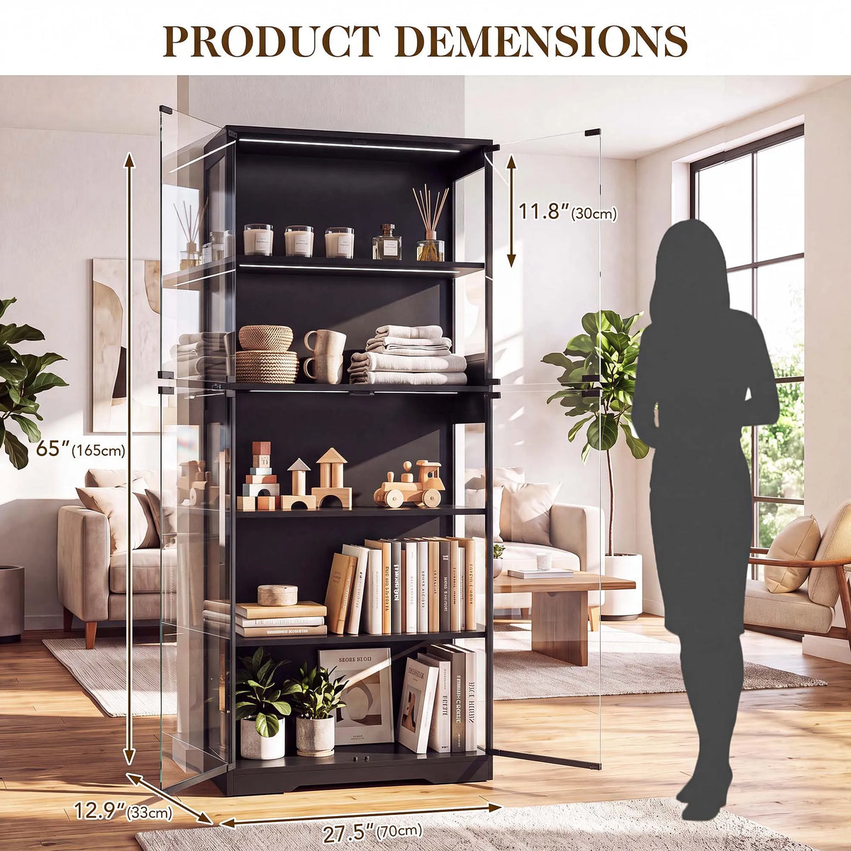 TCGBKAF 5‑Tier Display Cabinet with Glass Doors Motion Sensor Dimmable LED Lights Wooden Frame Display Storage Cabinet for Collectible Figures Living Room Bedroom Office Home Furniture