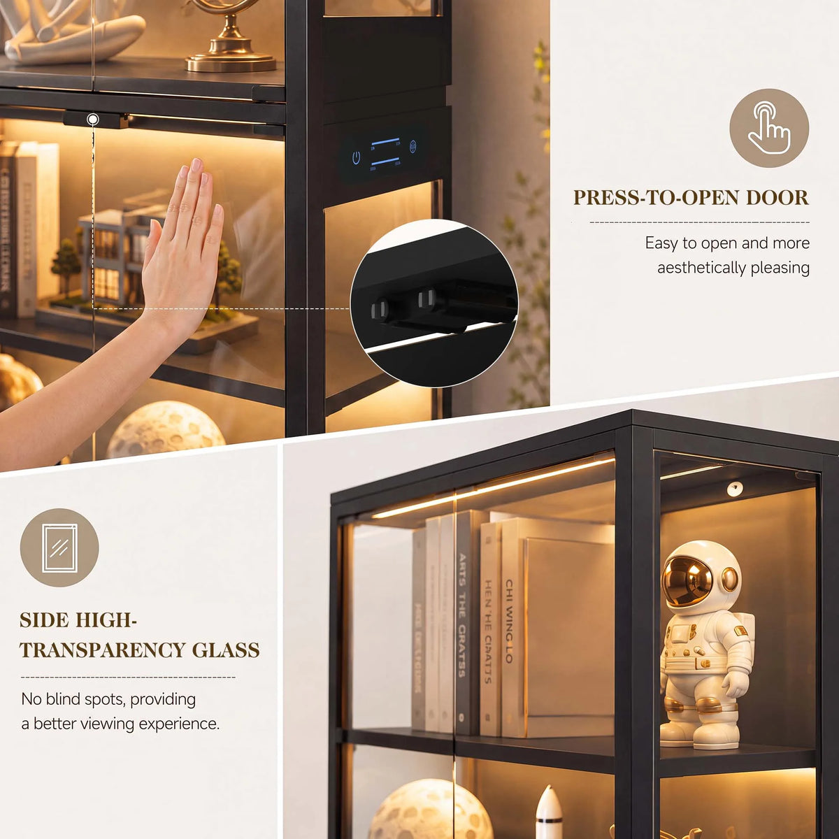 TCGBKAF 5‑Tier Display Cabinet with Glass Doors Motion Sensor Dimmable LED Lights Wooden Frame Display Storage Cabinet for Collectible Figures Living Room Bedroom Office Home Furniture