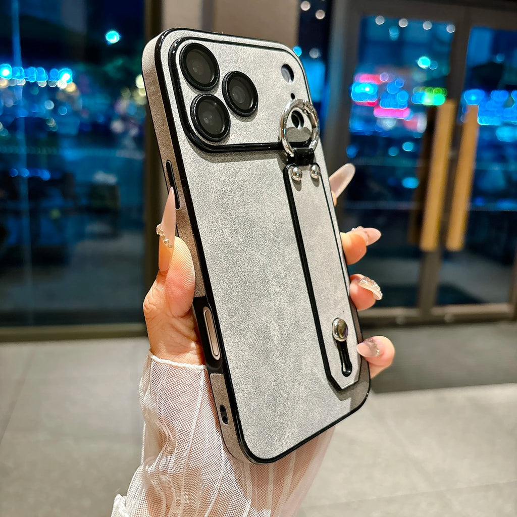 Suede Leather Wrist Strap Holder Phone Case for iPhone 17 16 15 14 13 Plus Pro Max Large Window Camera Protection Bumper Cover