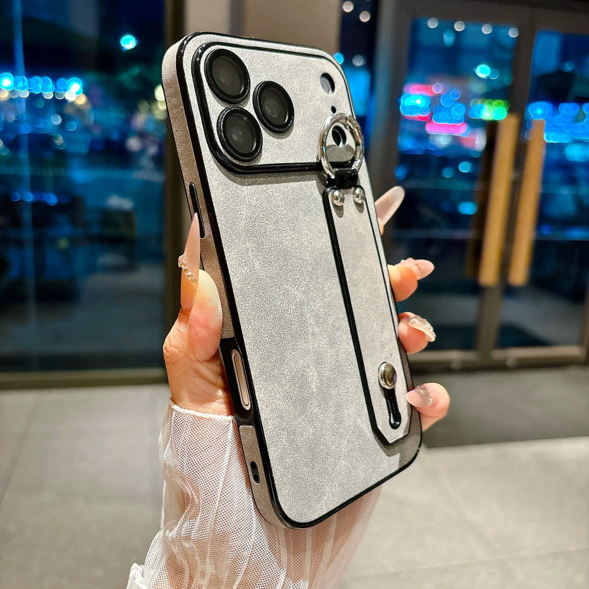 Suede Leather Wrist Strap Holder Phone Case for iPhone 17 16 15 14 13 Plus Pro Max Large Window Camera Protection Bumper Cover