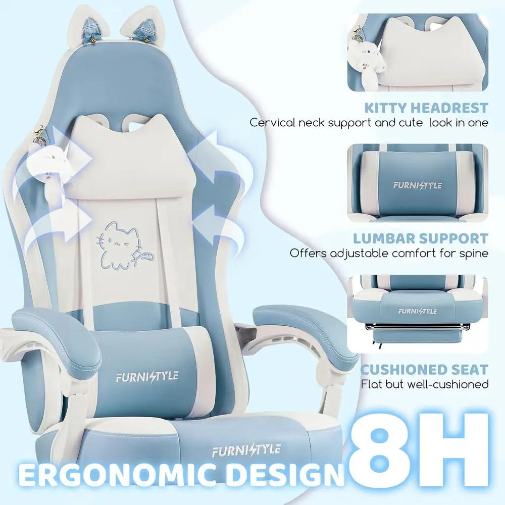 Ergonomic Blue/White Gaming Chair with Lumbar Support and Massage Features for Comfortable Gaming