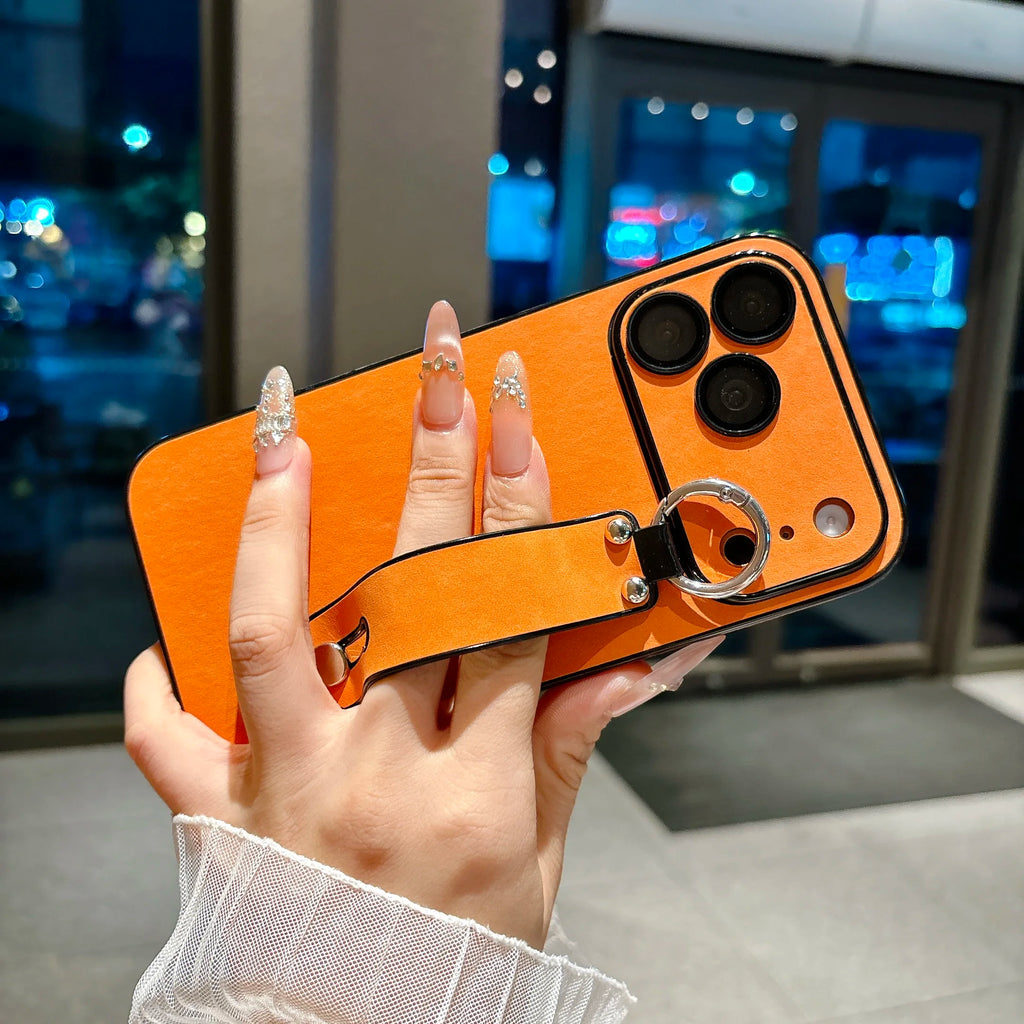 Suede Leather Wrist Strap Holder Phone Case for iPhone 17 16 15 14 13 Plus Pro Max Large Window Camera Protection Bumper Cover
