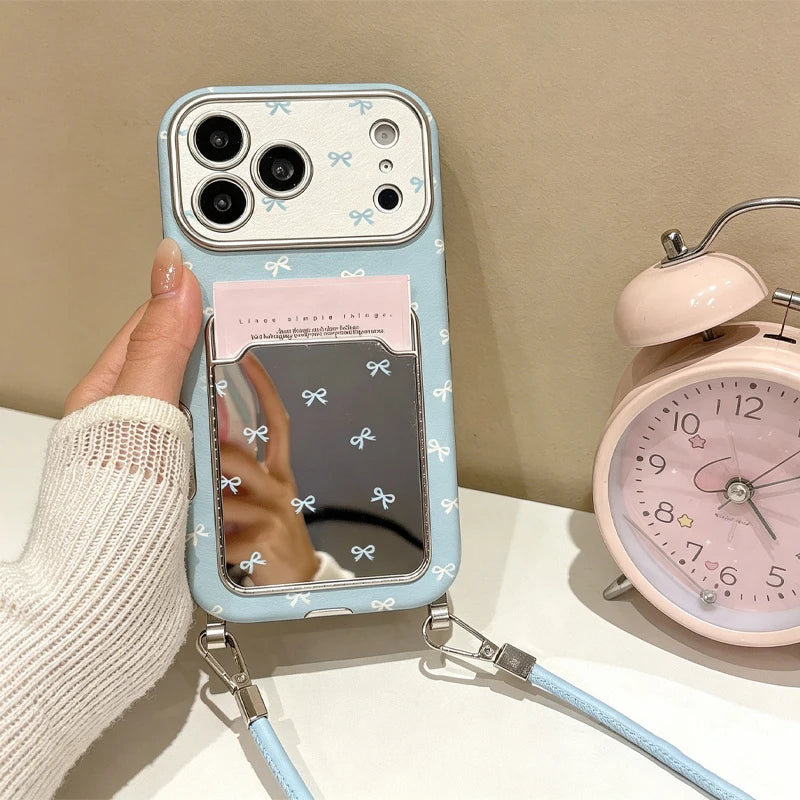 Cute Bow Mirror Card Holder Phone Case For IPhone17 16 15 14 13 Pro Max, Blue Ribbon Wallet Card Slot Case With Wrist Strap,