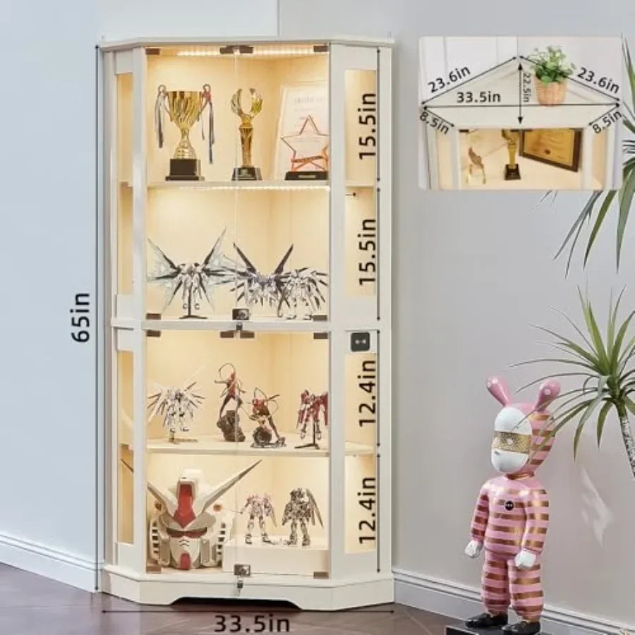Farmhouse Corner Display Cabinet with Lock for Living Room, Solid Wood, White, Adjustable Shelves and Secure Locking Mechanism