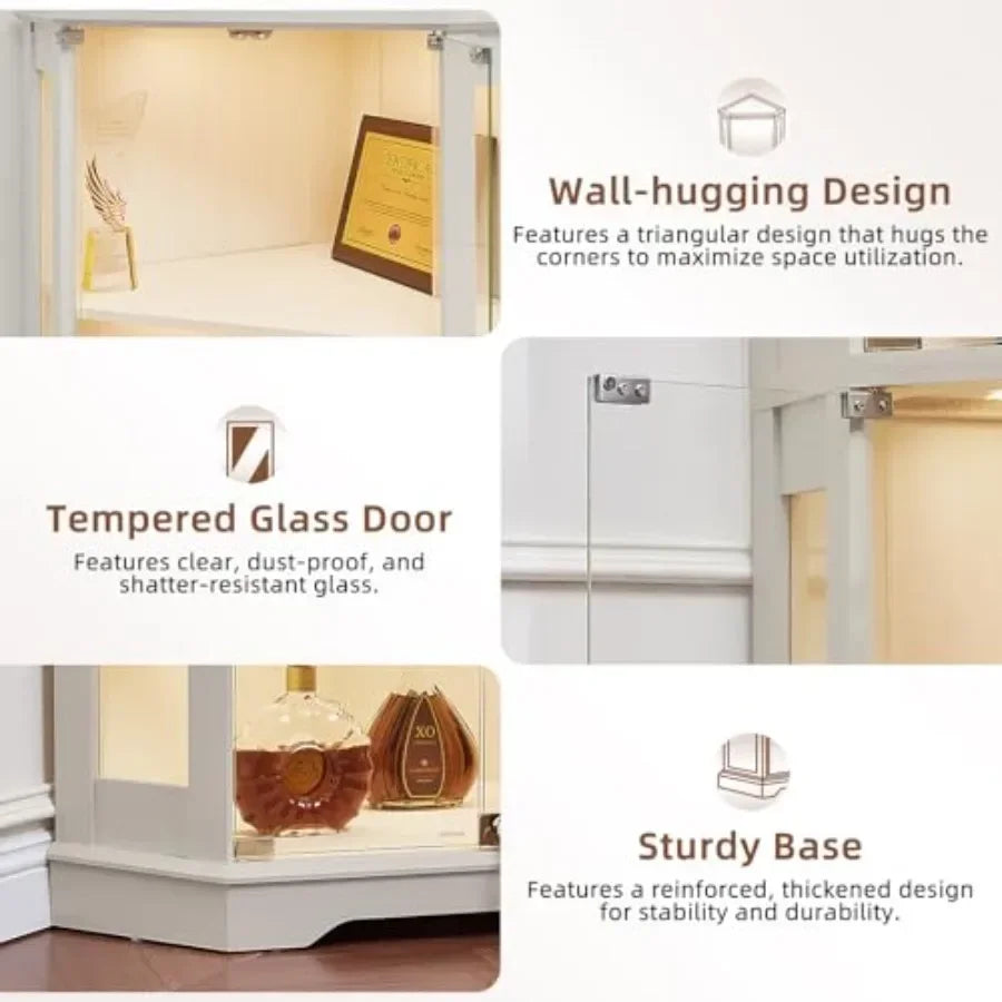 Farmhouse Corner Display Cabinet with Lock for Living Room, Solid Wood, White, Adjustable Shelves and Secure Locking Mechanism