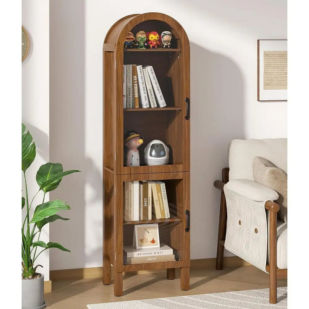 64.17 in Tall Arched Display Cabinet with Acrylic Glass Do5-Tier Kitchen Pantry Storage Cabiern Wood Curio Cabinet Bookcase or L