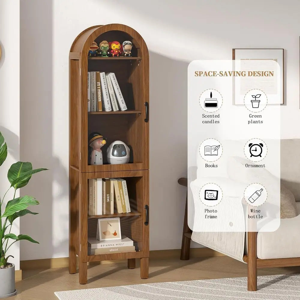 64.17 in Tall Arched Display Cabinet with Acrylic Glass Do5-Tier Kitchen Pantry Storage Cabiern Wood Curio Cabinet Bookcase or L