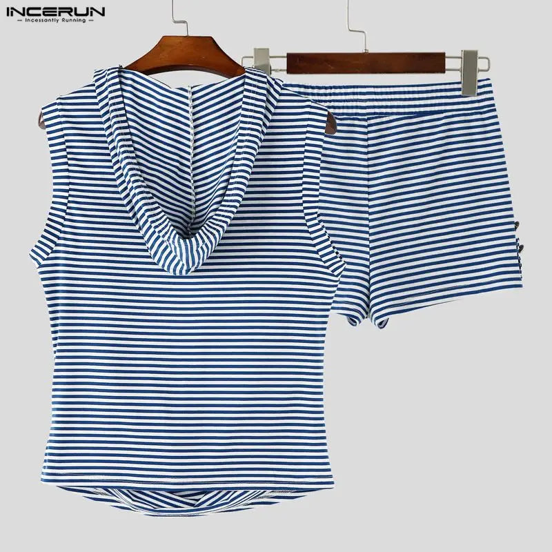 INCERUN Men Striped Sets Summer Hooded Sleeveless Tank Tops Shorts Two Piece Sets Streetwear 2026 Loose Casual Men Matching Sets