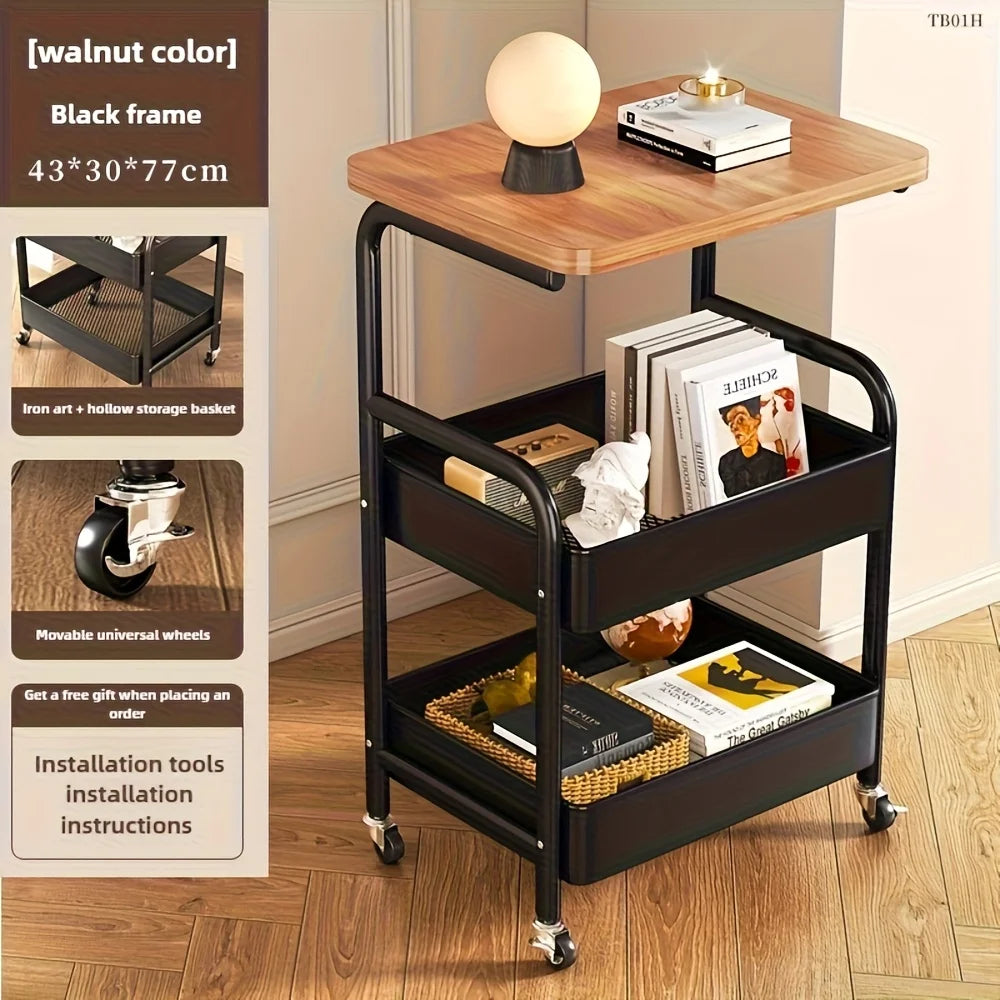 3-Tier Rolling Cart with Tabletop, Metal Tool and Snack Rack with Storage, Durable Carbon Steel Frame, Wheels for Easy Mobility