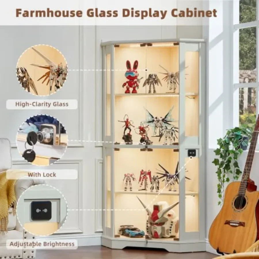 Farmhouse Corner Display Cabinet with Lock for Living Room, Solid Wood, White, Adjustable Shelves and Secure Locking Mechanism