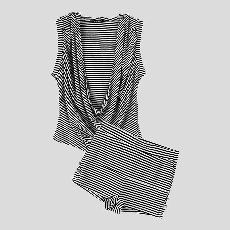 INCERUN Men Striped Sets Summer Hooded Sleeveless Tank Tops Shorts Two Piece Sets Streetwear 2026 Loose Casual Men Matching Sets