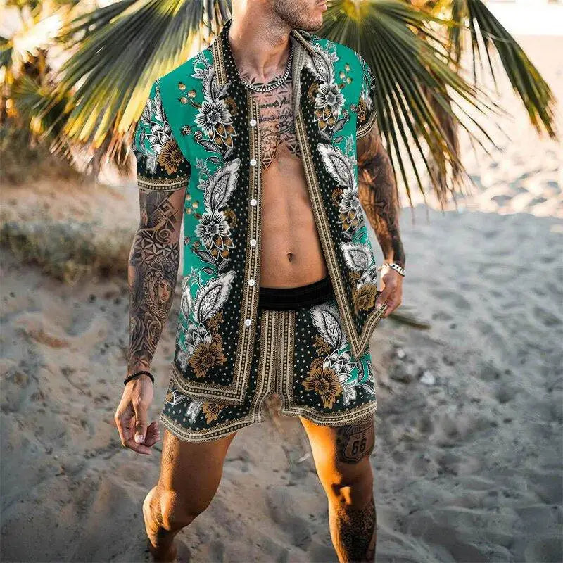 Summer Men's Shirt Loose Short Sleeve Shorts Beach Suit Quick Drying