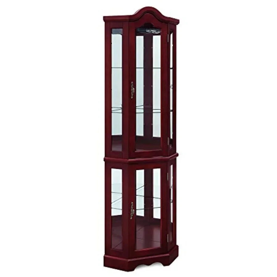 Lighted Corner Display Curved Top Curio Cabinet Wooden Shelving Unit with Tempered Glass Door, Bar and Liquor Storage Area with