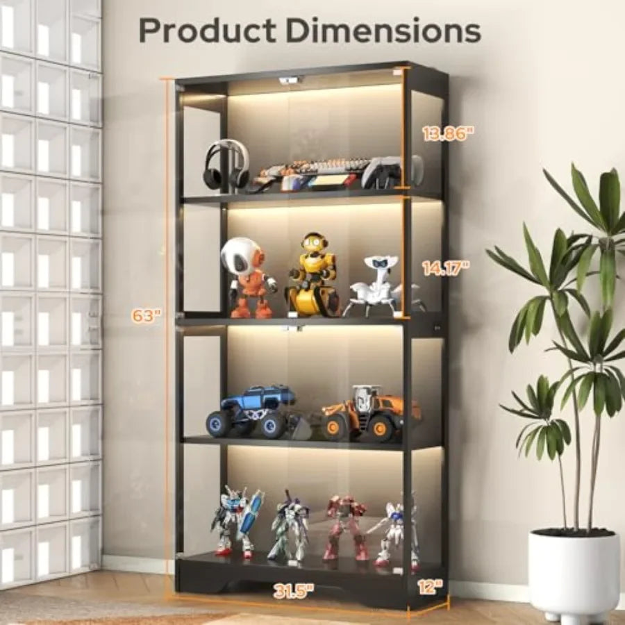 Display Cabinet with Glass Doors for Collectibles and Artwork Books, Black Metal and Wood, 63 Tall, 4-Tier with Color Lights an