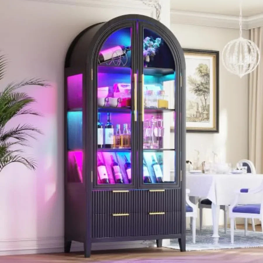 Arched curio cabinet with glass doors and RGB lights for collectibles display, wood finish, white, adjustable shelving