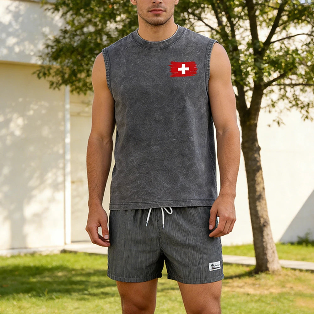 Casual Summer Men's 2 Piece Outfit: Vintage Washed Sleeveless Tee & Pinstripe Quick Dry Swim Shorts Set with Flag Graphic Print