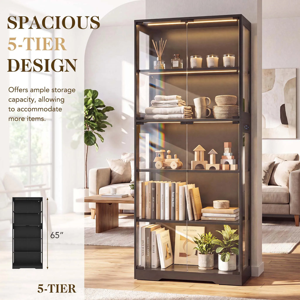 TCGBKAF 5‑Tier Display Cabinet with Glass Doors Motion Sensor Dimmable LED Lights Wooden Frame Display Storage Cabinet for Collectible Figures Living Room Bedroom Office Home Furniture