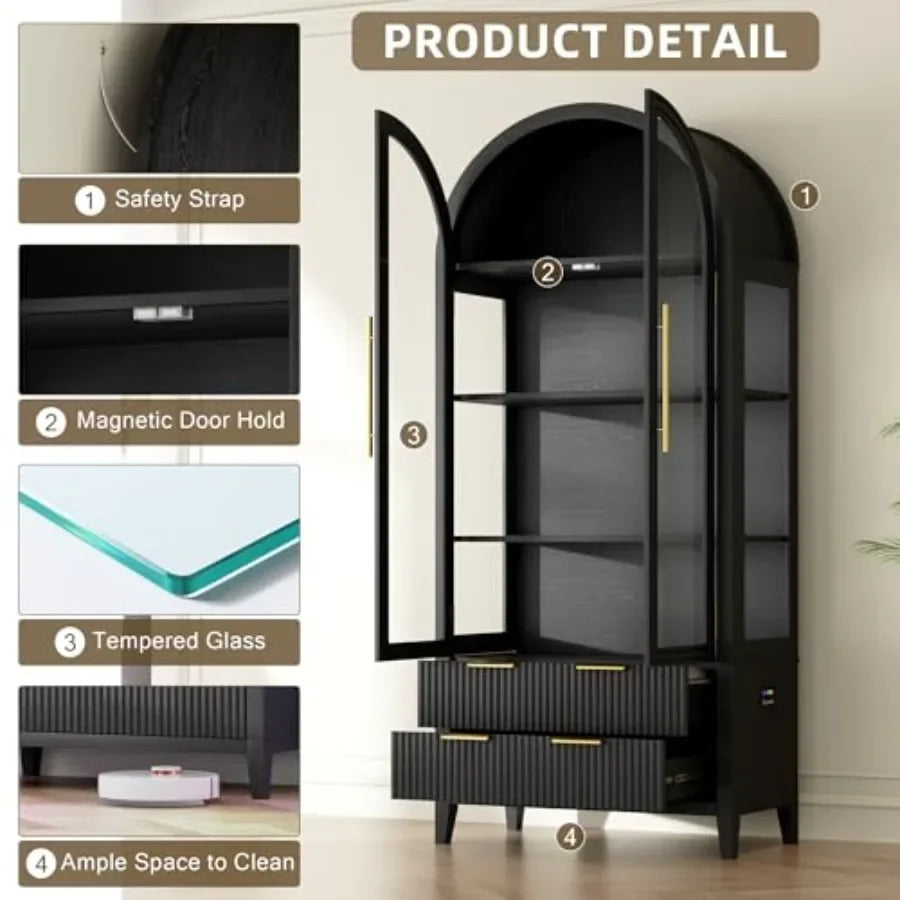 Arched curio cabinet with glass doors and RGB lights for collectibles display, wood finish, white, adjustable shelving