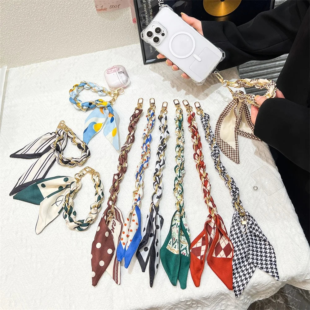 For Mobile Phone Short Lanyard Universal Silk Scarf Hand Wrist Strap Rope For Bag Chain Pendant Cell Phone Case Accessories