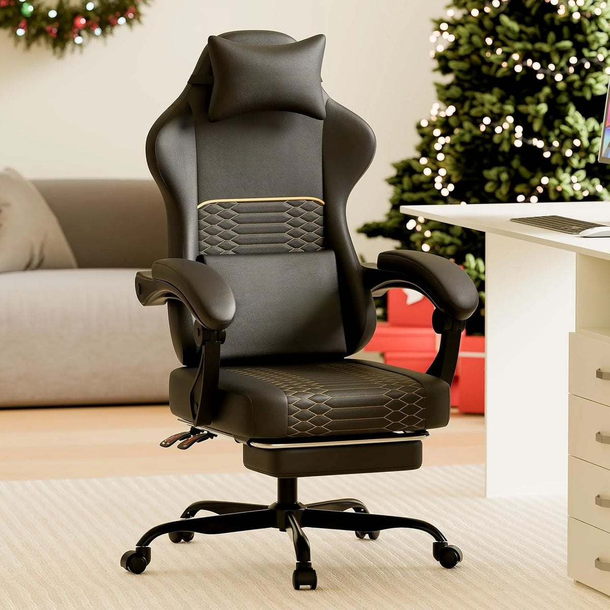 Gaming Chair PU Leather High Back Massage Lumbar Support Ergonom Adjustable Lumbar and Headrest Massage Support,All Seasons Universal Black