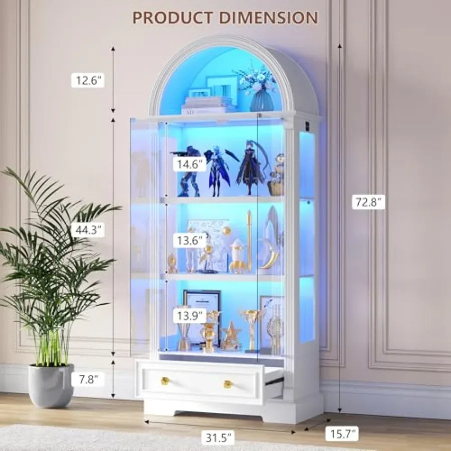 Curio Cabinet with Glass Doors LED Lights for Living Room, Wood Finish, Warm White, Adjustable Shelves and Soft-Close Hinges