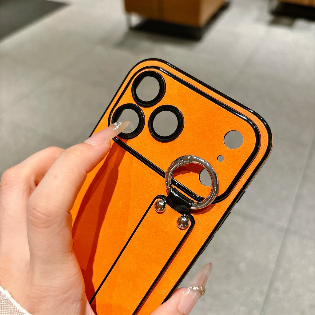 Suede Leather Wrist Strap Holder Phone Case for iPhone 17 16 15 14 13 Plus Pro Max Large Window Camera Protection Bumper Cover