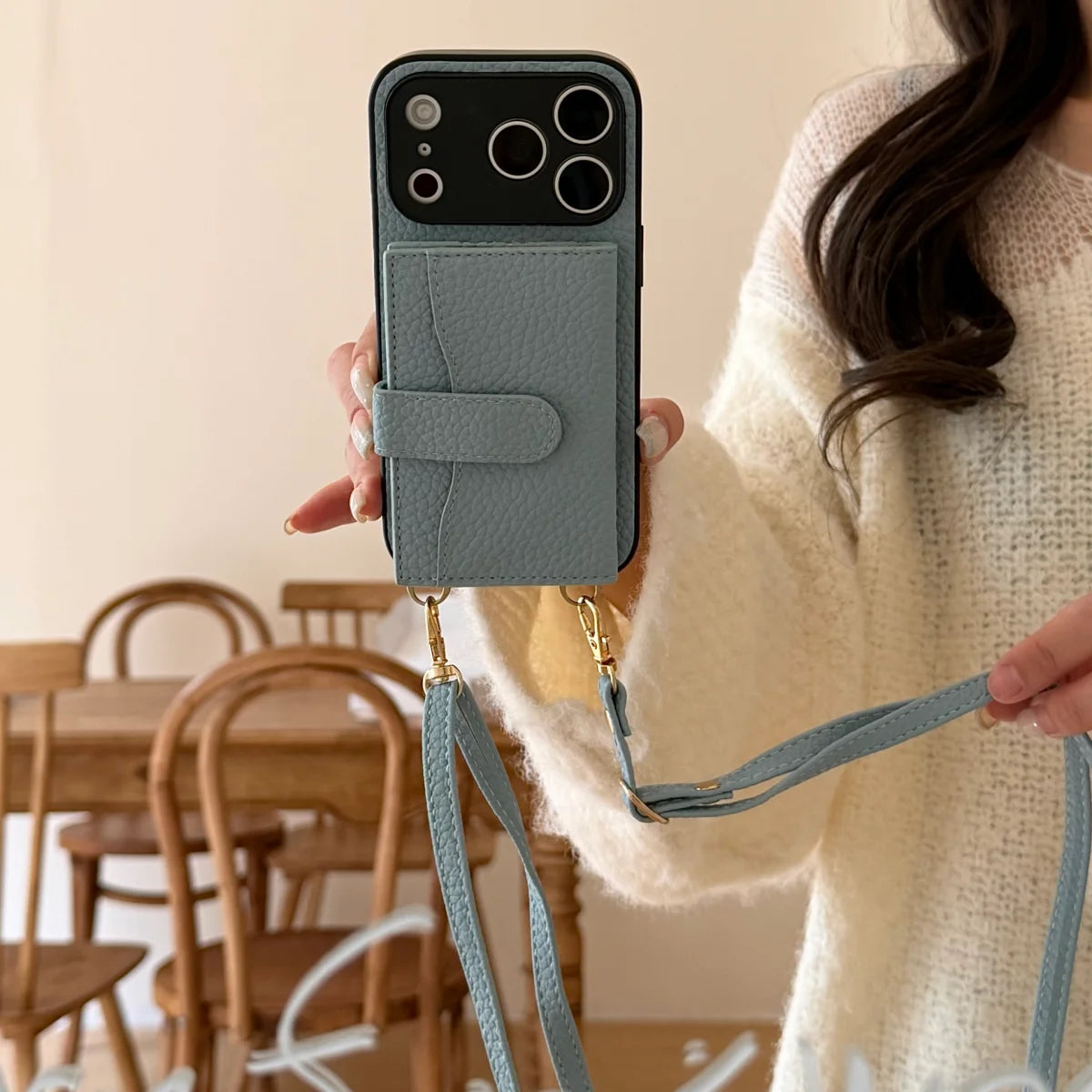 Crossbody Lanyard Necklace Strap Leather Phone Case for IPhone Air 18 17 16 15 14 13 12 Pro Max 16 Plus Wallet Card Holder Cover