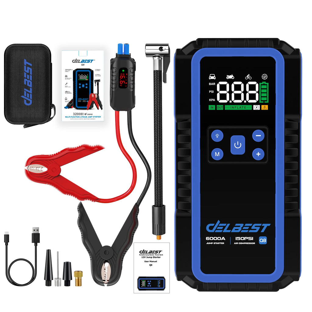All-in-One 12V 32000mAh 6000A Jump Start 150PSI Air Pump 65W PD Charger & Tire Pressure Monitor for Compact Cars/Motorcycles