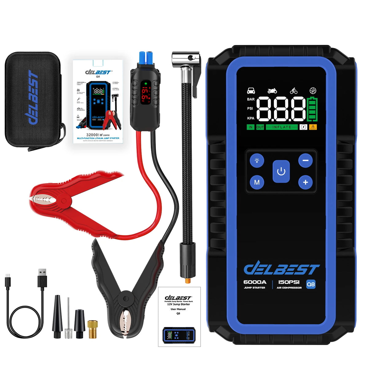 All-in-One 12V 32000mAh 6000A Jump Start 150PSI Air Pump 65W PD Charger & Tire Pressure Monitor for Compact Cars/Motorcycles