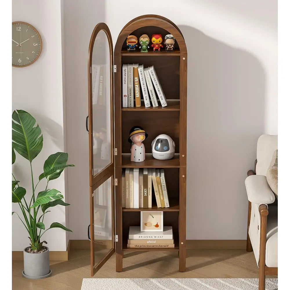 64.17 in Tall Arched Display Cabinet with Acrylic Glass Do5-Tier Kitchen Pantry Storage Cabiern Wood Curio Cabinet Bookcase or L