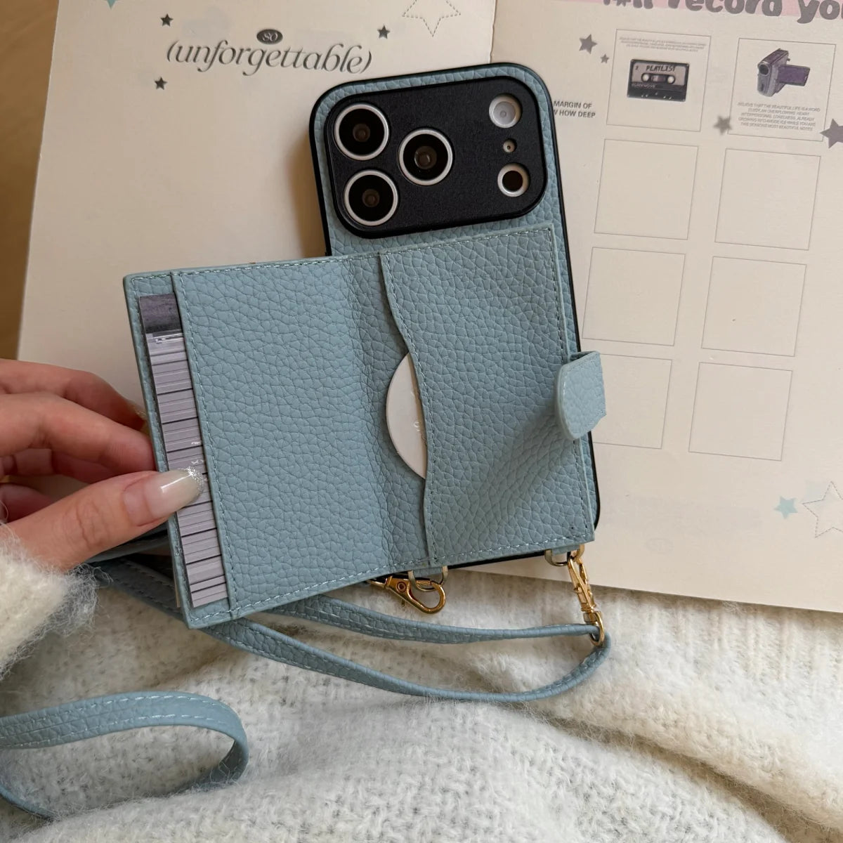 Crossbody Lanyard Necklace Strap Leather Phone Case for IPhone Air 18 17 16 15 14 13 12 Pro Max 16 Plus Wallet Card Holder Cover