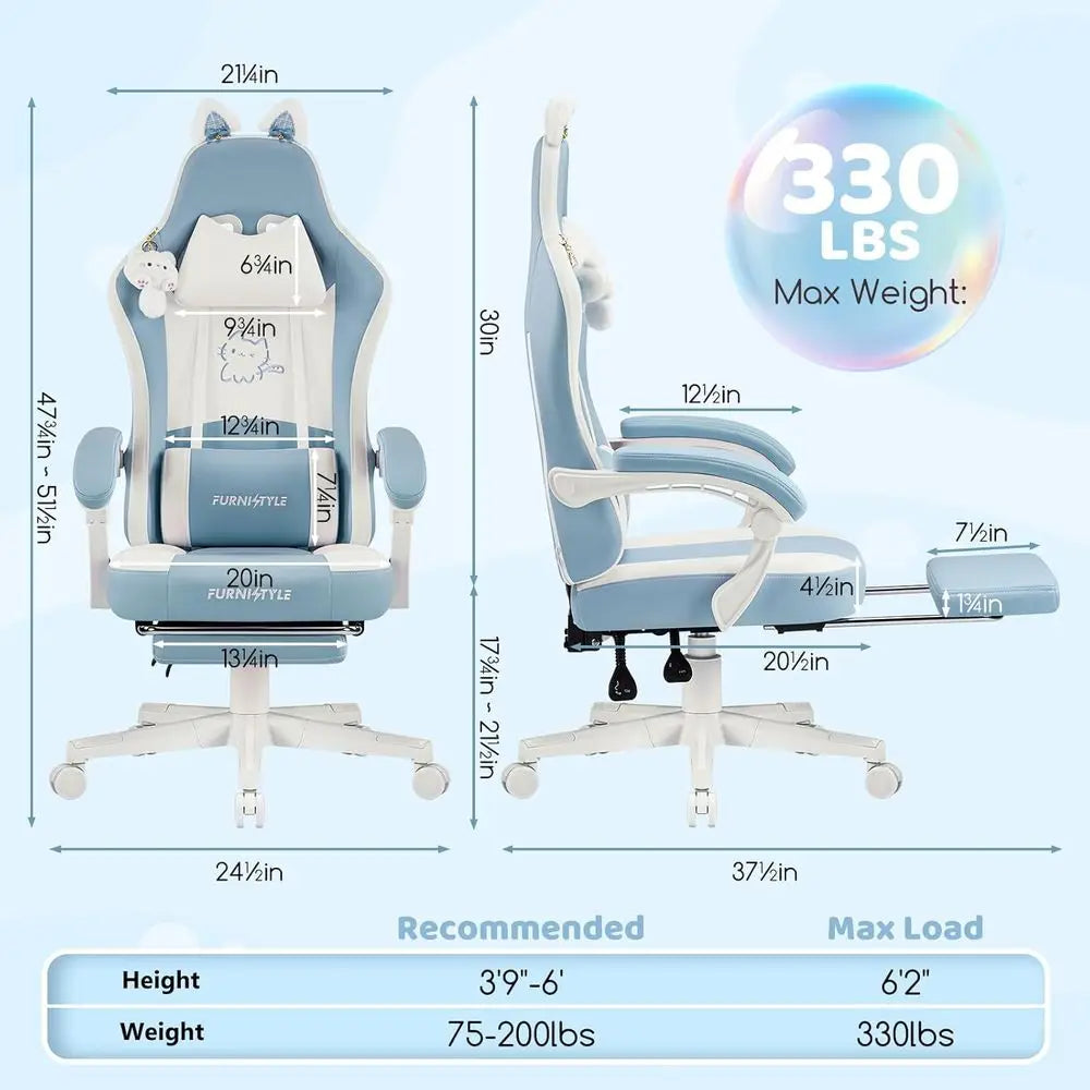 Ergonomic Blue/White Gaming Chair with Lumbar Support and Massage Features for Comfortable Gaming