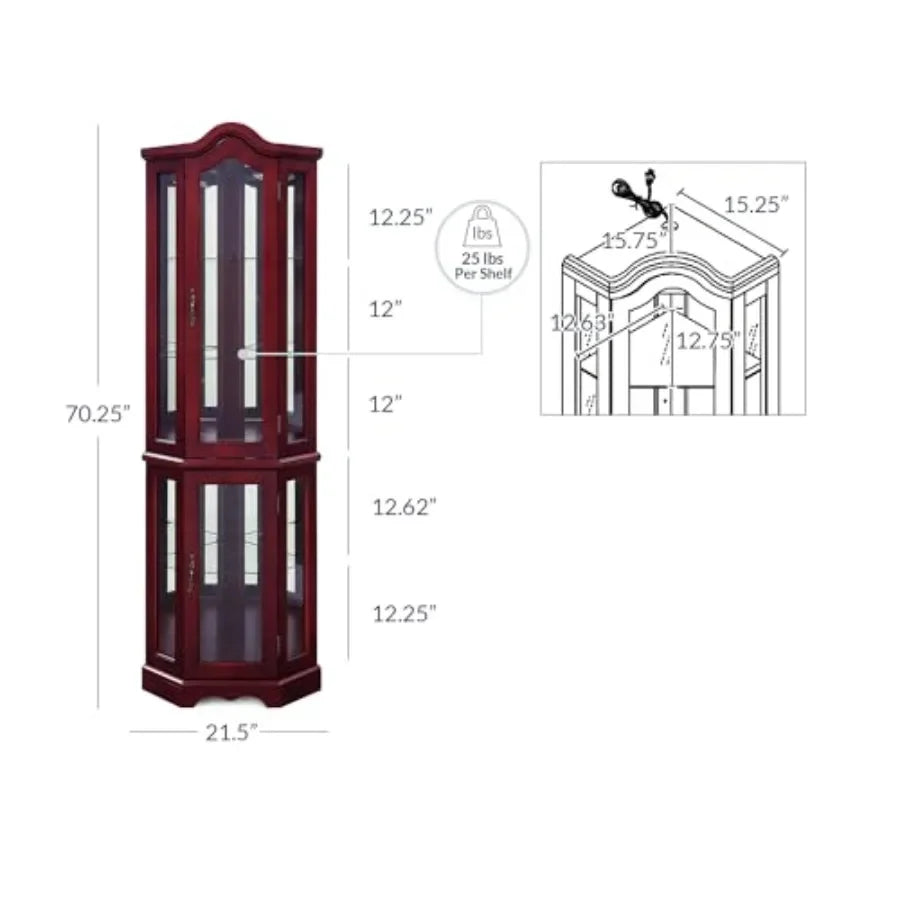 Lighted Corner Display Curved Top Curio Cabinet Wooden Shelving Unit with Tempered Glass Door, Bar and Liquor Storage Area with
