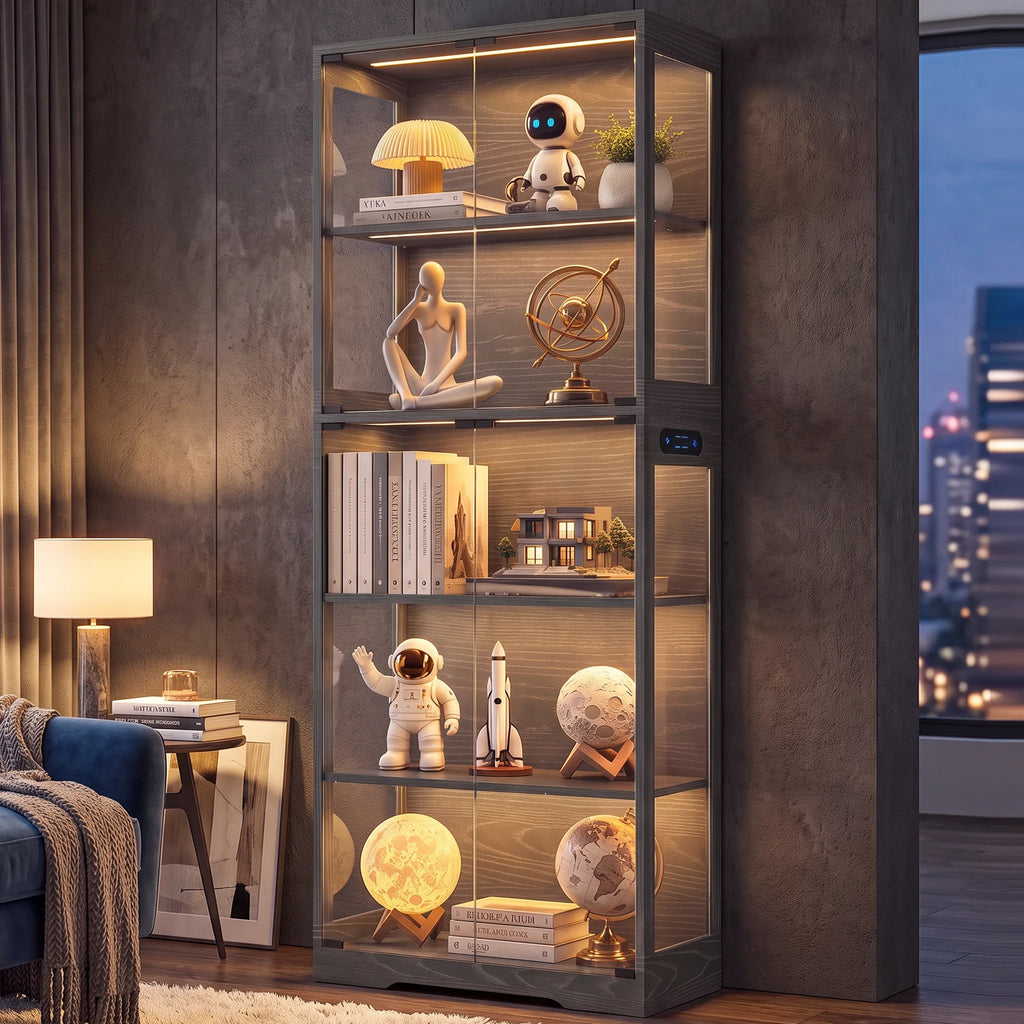 TCGBKAF 5‑Tier Display Cabinet with Glass Doors Motion Sensor Dimmable LED Lights Wooden Frame Display Storage Cabinet for Collectible Figures Living Room Bedroom Office Home Furniture