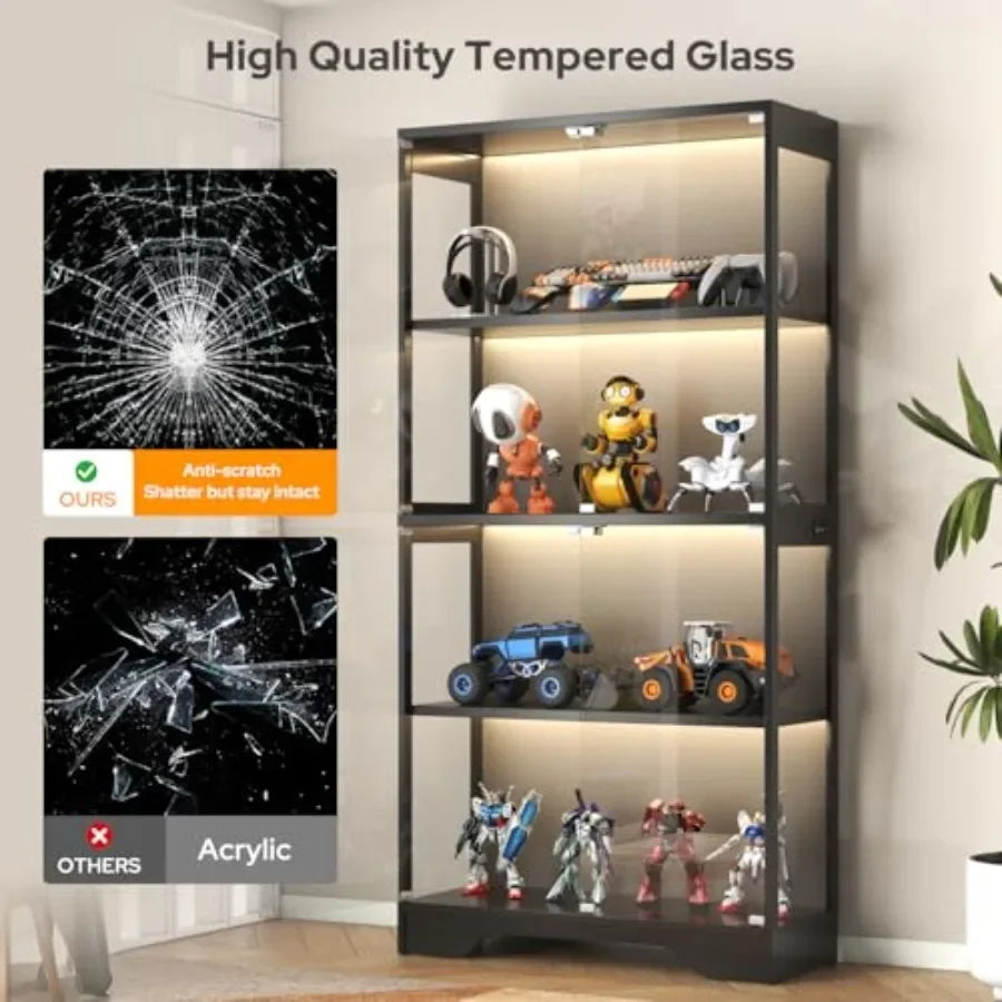 Display Cabinet with Glass Doors for Collectibles and Artwork Books, Black Metal and Wood, 63 Tall, 4-Tier with Color Lights an