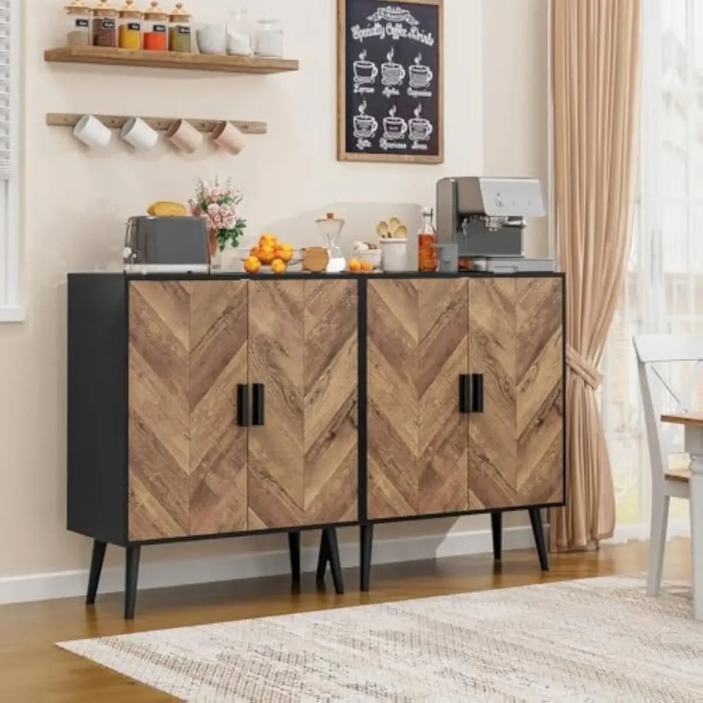 Storage Unit with Two Adjustable Shelves and Concealed Doors, Versatile Herringbone-Textured Engineered Wood Cabinet for Dining