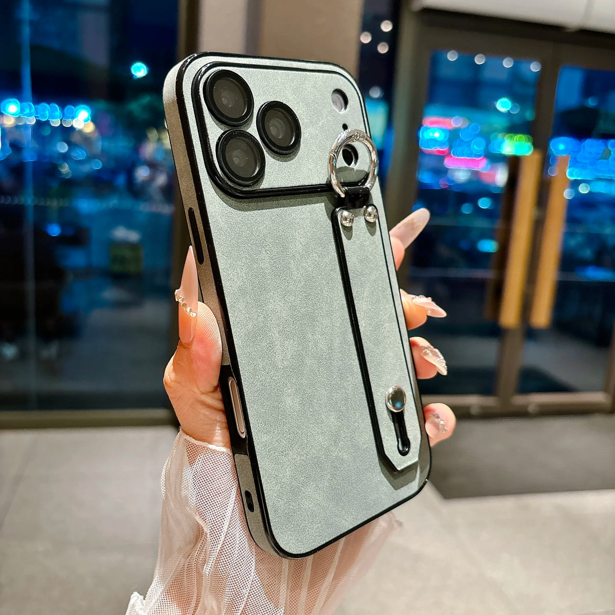 Suede Leather Wrist Strap Holder Phone Case for iPhone 17 16 15 14 13 Plus Pro Max Large Window Camera Protection Bumper Cover