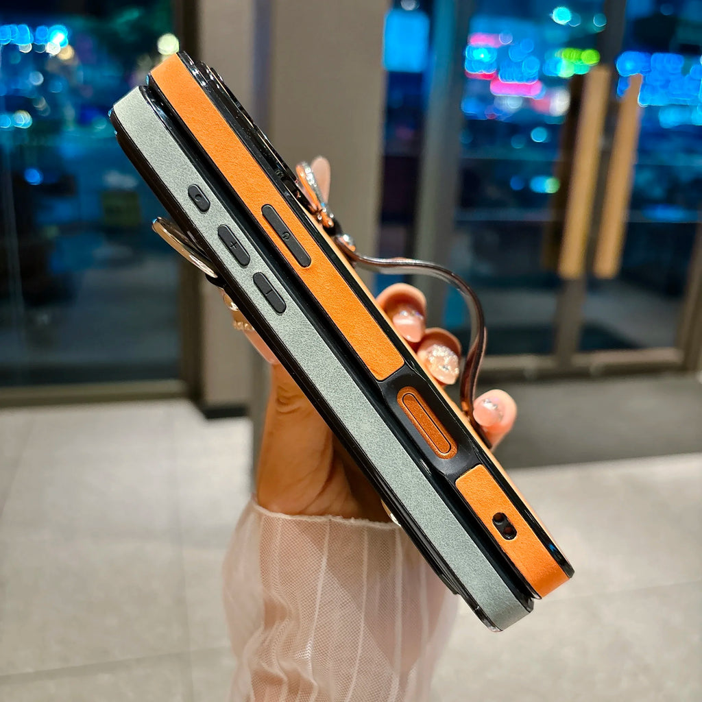 Suede Leather Wrist Strap Holder Phone Case for iPhone 17 16 15 14 13 Plus Pro Max Large Window Camera Protection Bumper Cover