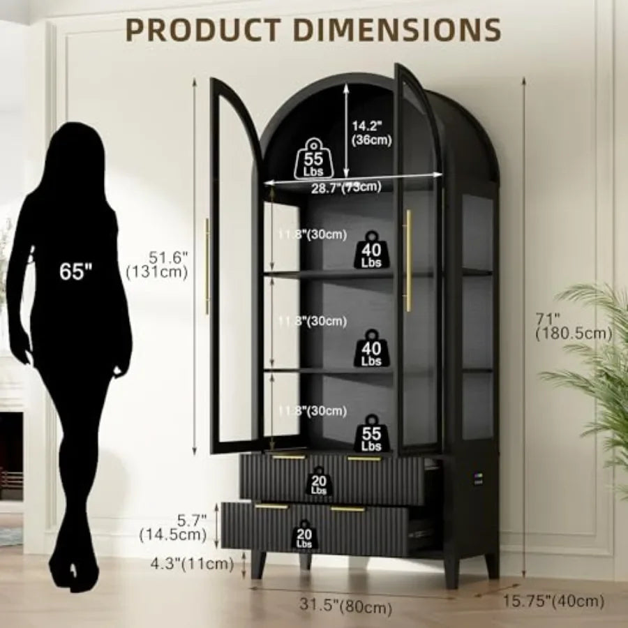 Arched curio cabinet with glass doors and RGB lights for collectibles display, wood finish, white, adjustable shelving