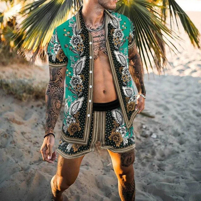 Summer Men's Shirt Loose Short Sleeve Shorts Beach Suit Quick Drying
