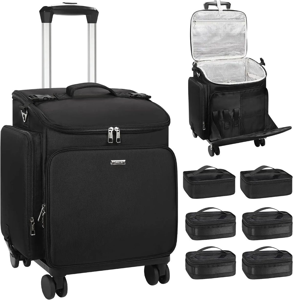 Rolling Makeup Case Hair Tools Travel Bag Cosmetology Case on Wheels with 6 Clear Bags, Professional Hairstylist