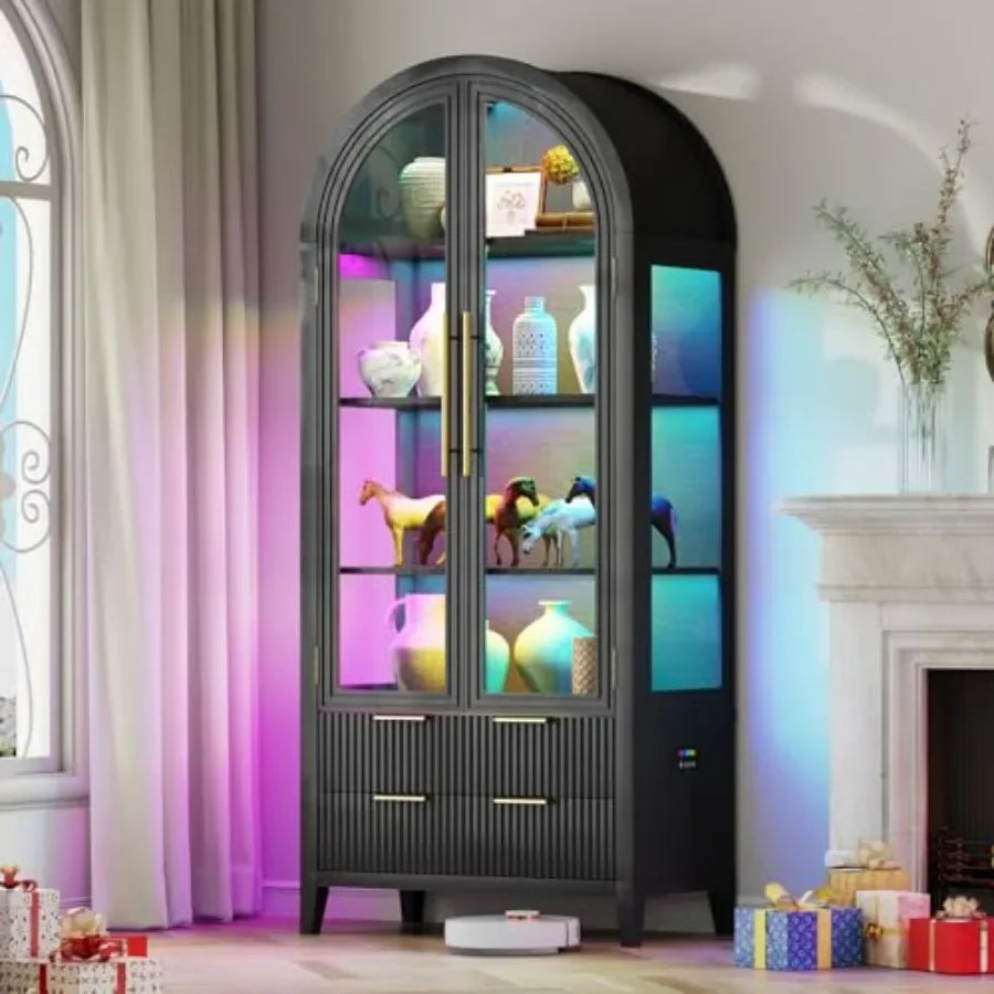 Arched curio cabinet with glass doors and RGB lights for collectibles display, wood finish, white, adjustable shelving