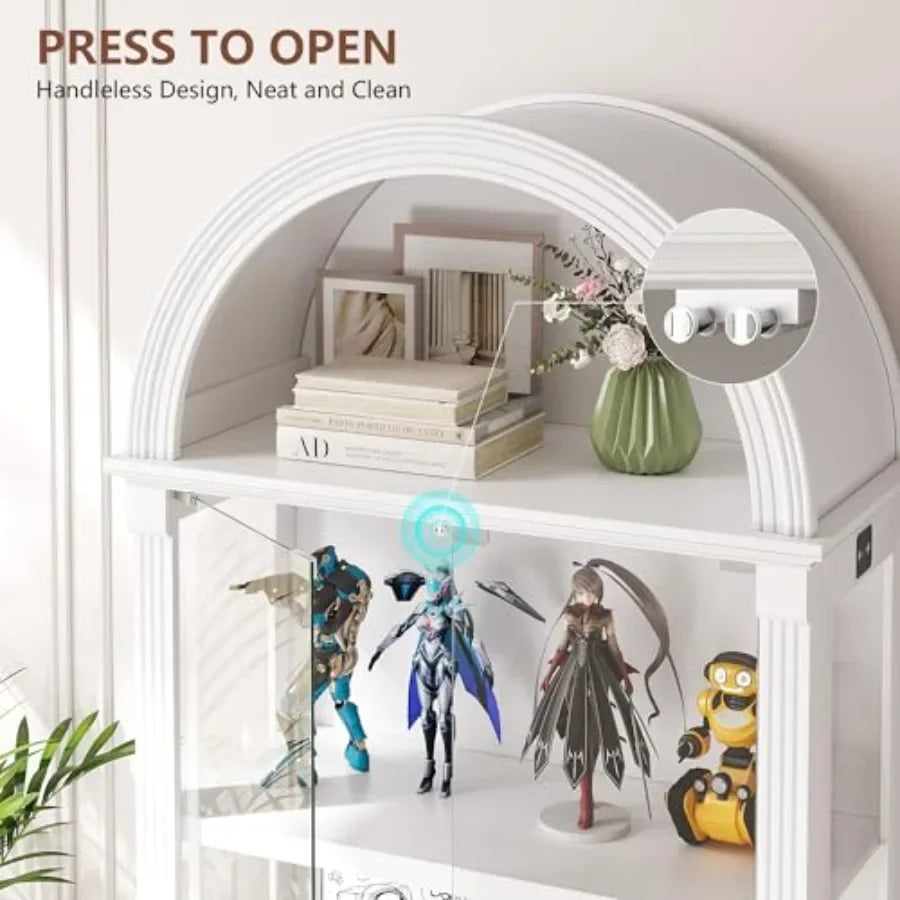 Curio Cabinet with Glass Doors LED Lights for Living Room, Wood Finish, Warm White, Adjustable Shelves and Soft-Close Hinges