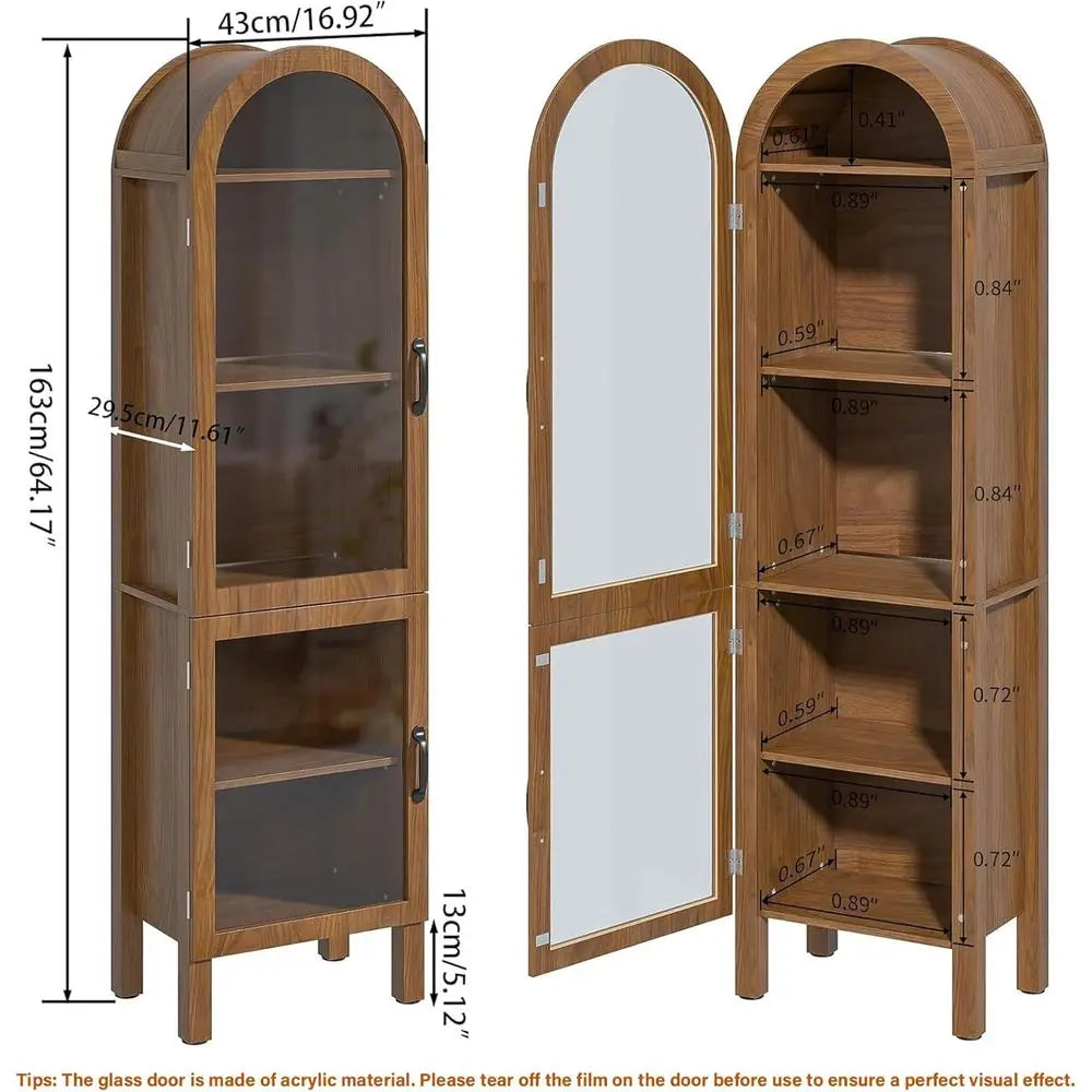 64.17 in Tall Arched Display Cabinet with Acrylic Glass Do5-Tier Kitchen Pantry Storage Cabiern Wood Curio Cabinet Bookcase or L