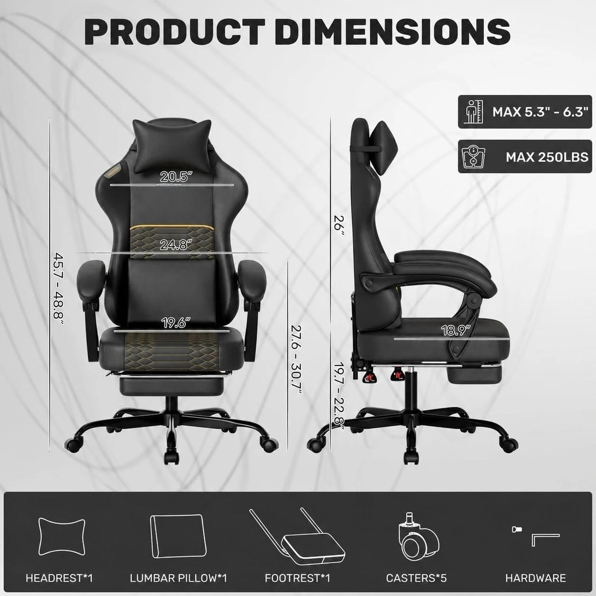 Gaming Chair PU Leather High Back Massage Lumbar Support Ergonom Adjustable Lumbar and Headrest Massage Support,All Seasons Universal Black