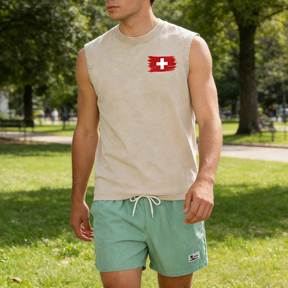 Casual Summer Men's 2 Piece Outfit: Vintage Washed Sleeveless Tee & Pinstripe Quick Dry Swim Shorts Set with Flag Graphic Print