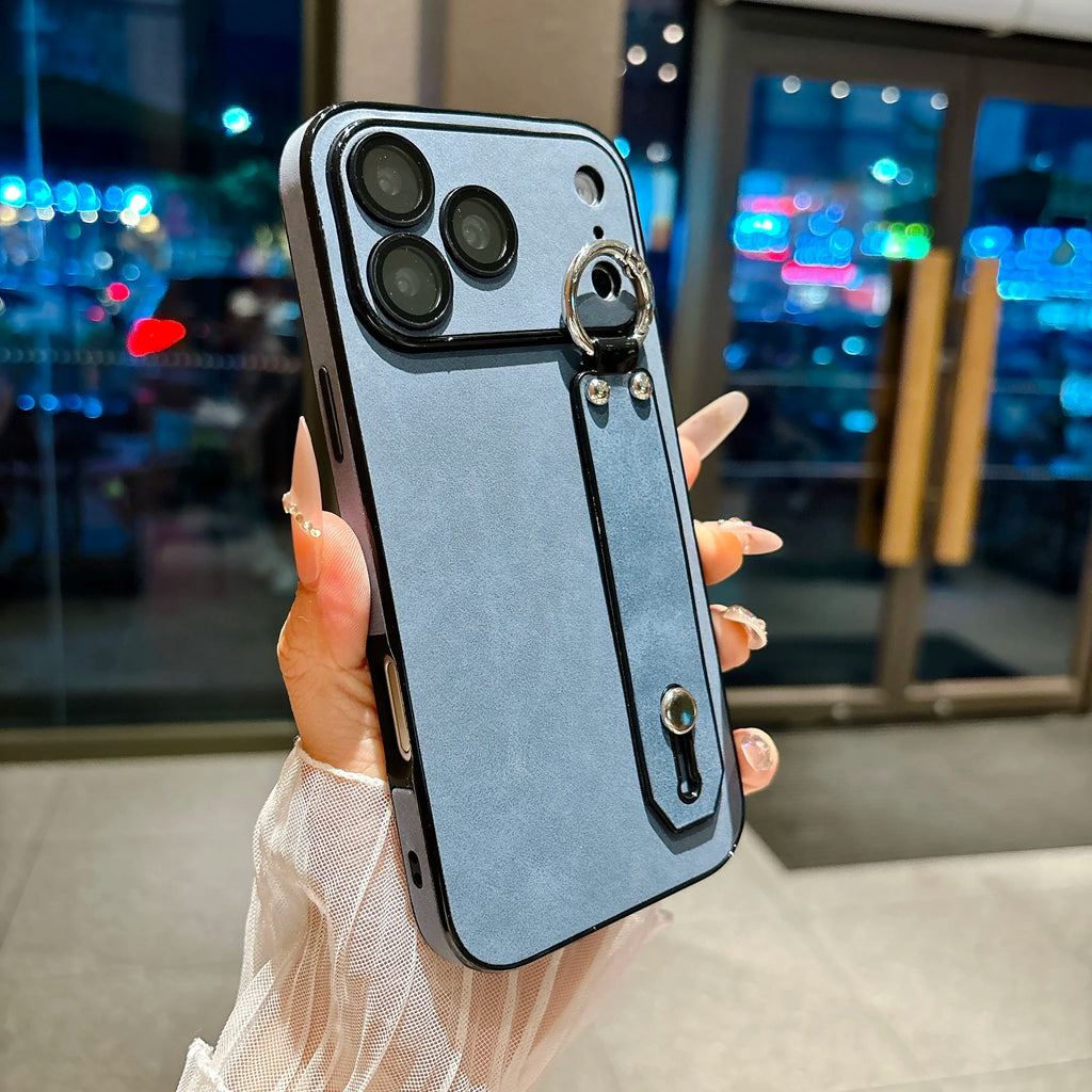 Suede Leather Wrist Strap Holder Phone Case for iPhone 17 16 15 14 13 Plus Pro Max Large Window Camera Protection Bumper Cover