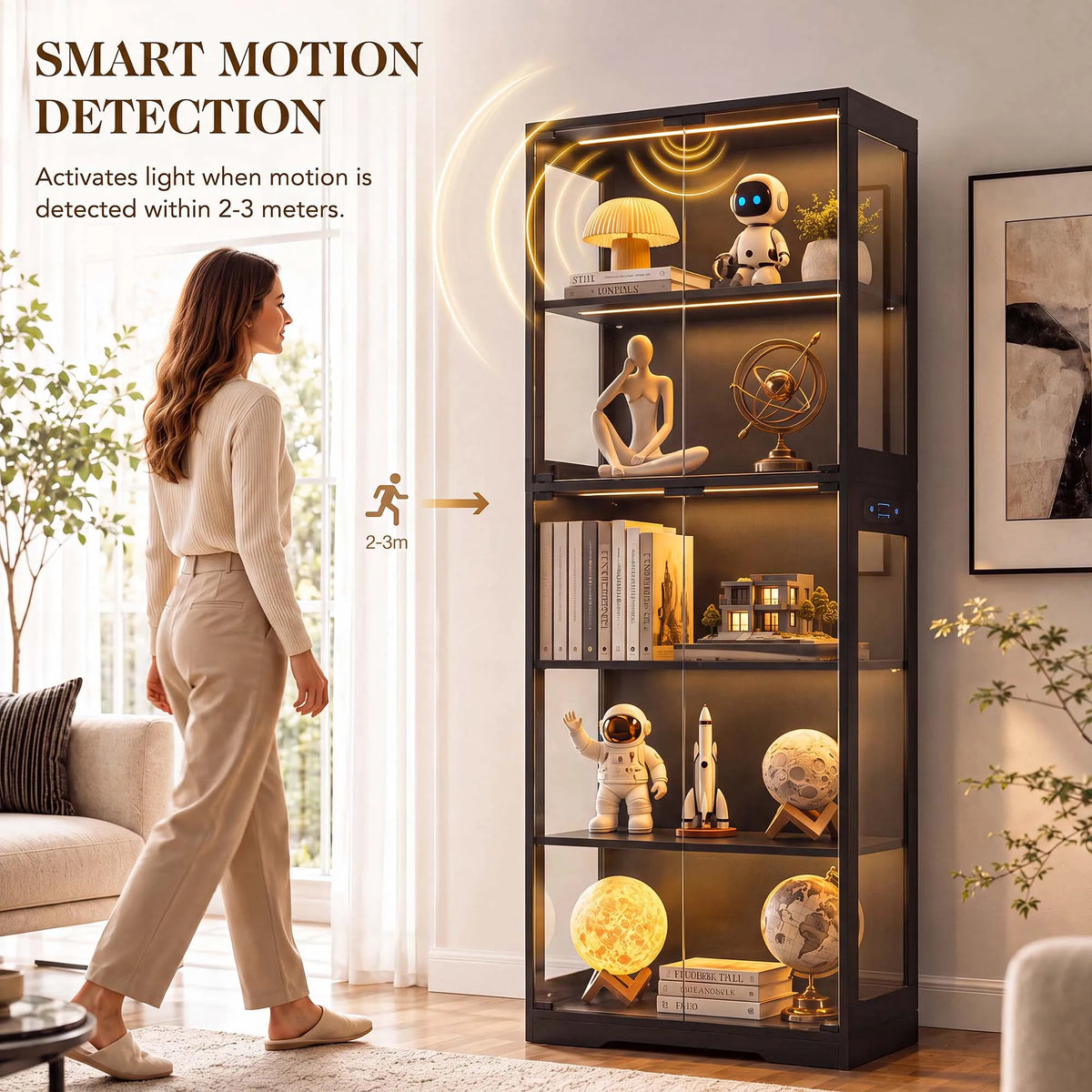 TCGBKAF 5‑Tier Display Cabinet with Glass Doors Motion Sensor Dimmable LED Lights Wooden Frame Display Storage Cabinet for Collectible Figures Living Room Bedroom Office Home Furniture